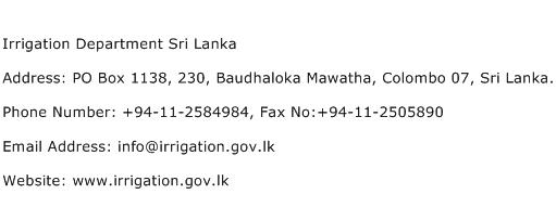 Irrigation Department Sri Lanka Address Contact Number