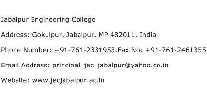 Jabalpur Engineering College Address Contact Number