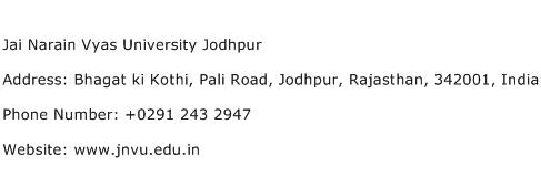 Jai Narain Vyas University Jodhpur Address Contact Number