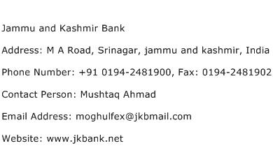 Jammu and Kashmir Bank Address Contact Number