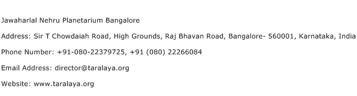 Jawaharlal Nehru Planetarium Bangalore Address Contact Number