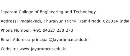 Jayaram College of Engineering and Technology Address Contact Number