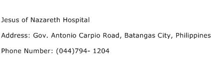 Jesus of Nazareth Hospital Address Contact Number