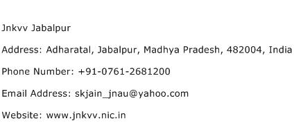 Jnkvv Jabalpur Address Contact Number