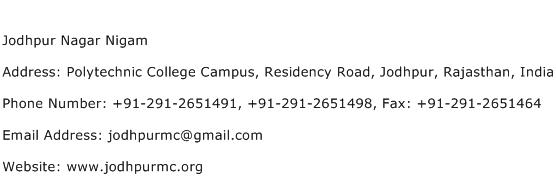 Jodhpur Nagar Nigam Address Contact Number