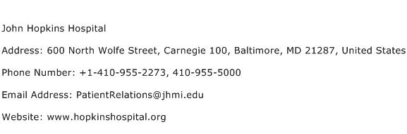 John Hopkins Hospital Address Contact Number