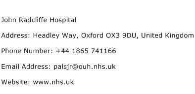 John Radcliffe Hospital Address Contact Number