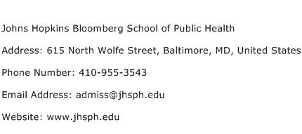Johns Hopkins Bloomberg School of Public Health Address Contact Number