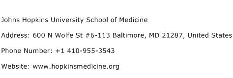 Johns Hopkins University School of Medicine Address Contact Number