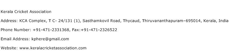 Kerala Cricket Association Address Contact Number