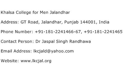 Khalsa College for Men Jalandhar Address Contact Number