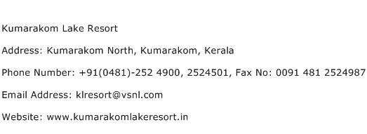 Kumarakom Lake Resort Address Contact Number