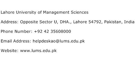 Lahore University of Management Sciences Address Contact Number