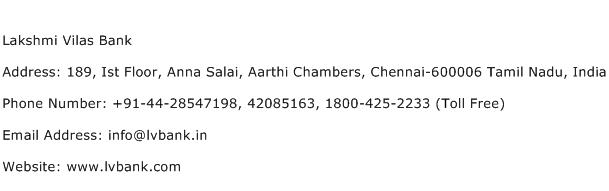 Lakshmi Vilas Bank Address Contact Number