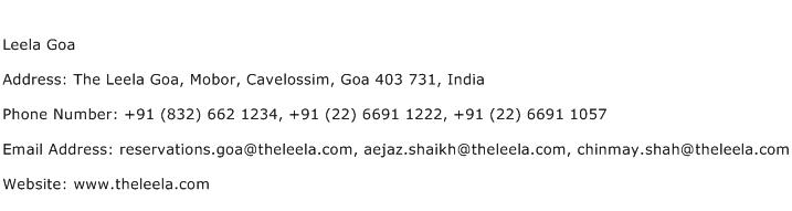 Leela Goa Address Contact Number
