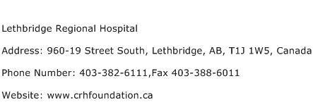 Lethbridge Regional Hospital Address Contact Number