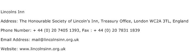 Lincolns Inn Address Contact Number