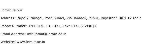 Lnmiit Jaipur Address Contact Number
