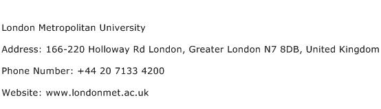 London Metropolitan University Address Contact Number