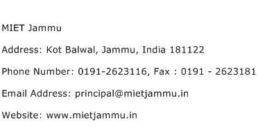 MIET Jammu Address Contact Number