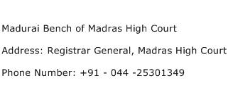 Madurai Bench of Madras High Court Address Contact Number