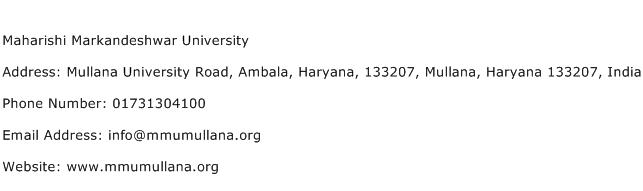 Maharishi Markandeshwar University Address Contact Number