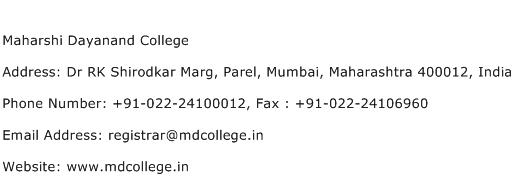 Maharshi Dayanand College Address Contact Number