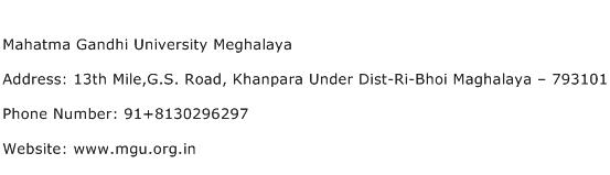 Mahatma Gandhi University Meghalaya Address Contact Number