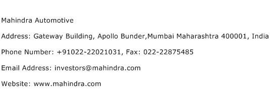 Mahindra Automotive Address Contact Number