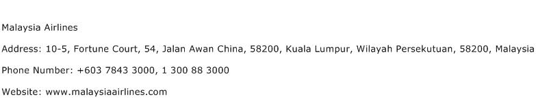 Malaysia Airlines Address Contact Number