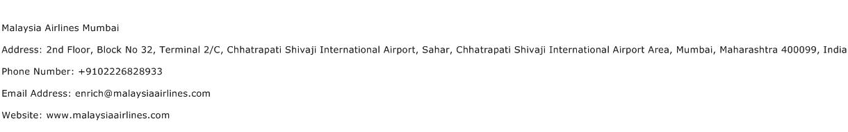 Malaysia Airlines Mumbai Address, Contact Number of Malaysia Airlines