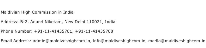 Maldivian High Commission in India Address Contact Number