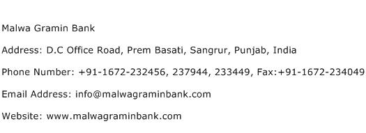 Malwa Gramin Bank Address Contact Number