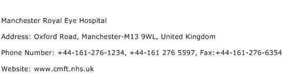 Manchester Royal Eye Hospital Address Contact Number