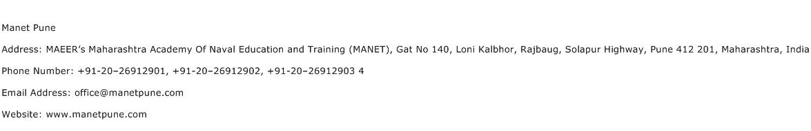 Manet Pune Address Contact Number