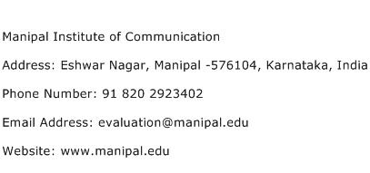 Manipal Institute of Communication Address Contact Number