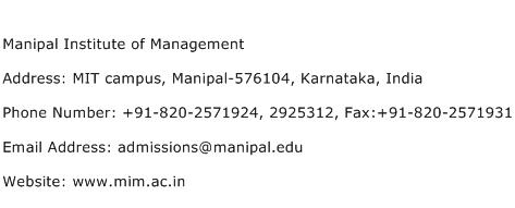 Manipal Institute of Management Address Contact Number