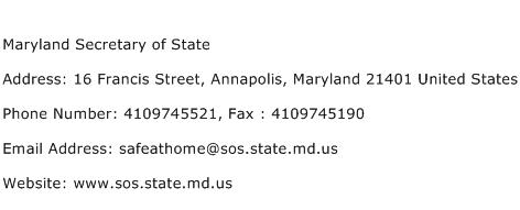 Maryland Secretary of State Address Contact Number