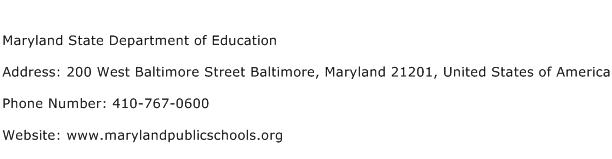 Maryland State Department of Education Address Contact Number