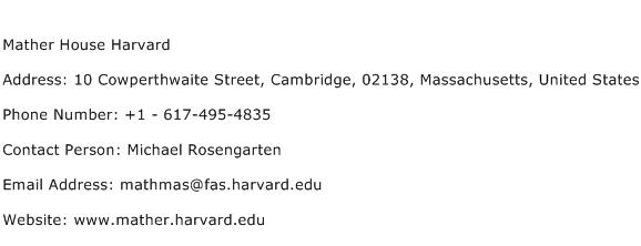 Mather House Harvard Address Contact Number