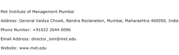 Met Institute of Management Mumbai Address Contact Number