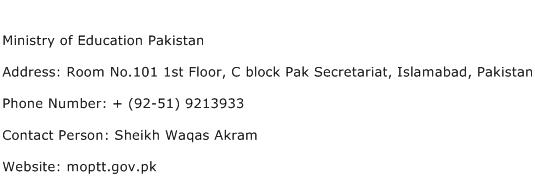 Ministry of Education Pakistan Address Contact Number