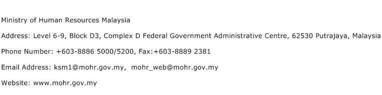 Ministry of Human Resources Malaysia Address Contact Number