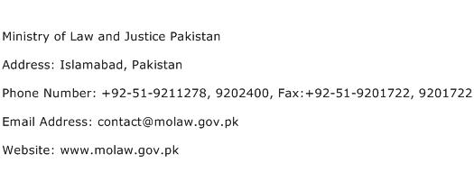Ministry of Law and Justice Pakistan Address Contact Number