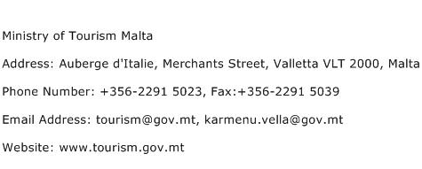 Ministry of Tourism Malta Address Contact Number