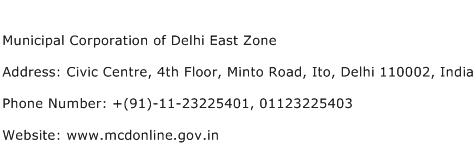 Municipal Corporation of Delhi East Zone Address Contact Number