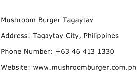 Mushroom Burger Tagaytay Address Contact Number