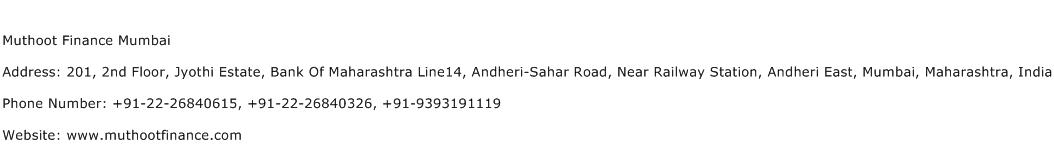 Muthoot Finance Mumbai Address Contact Number