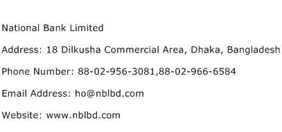 National Bank Limited Address Contact Number