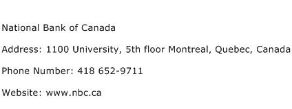 National Bank of Canada Address Contact Number